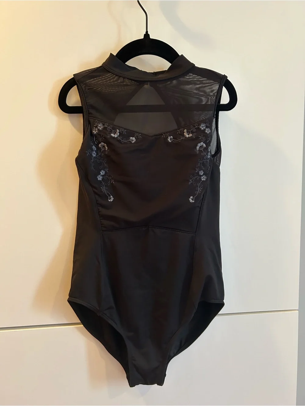 Bloch Black Sleeveless Mesh-Back Floral Embroidered Leotard - Child’s 12
